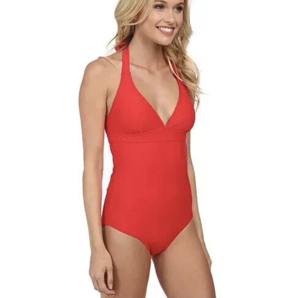 PrAna Red Halter One Piece Swimsuit Women’s Medium Solid Red V-Neck Swimwear